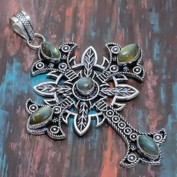 Labradorite 925 Sterling Silver Celtic Cross Handmade Pendant and Necklace 20" - Picture 4 of 7